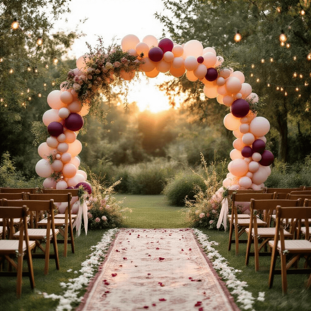 An intimate garden wedding ceremony setup at golden hour, featuring a whimsical balloon arch in ombré blush to deep burgundy with metallic rose gold accents, rustic wooden chairs, baby's breath aisle markers, and a vintage carpet runner strewn with rose petals, all framed by overhanging tree branches and twinkling fairy lights.