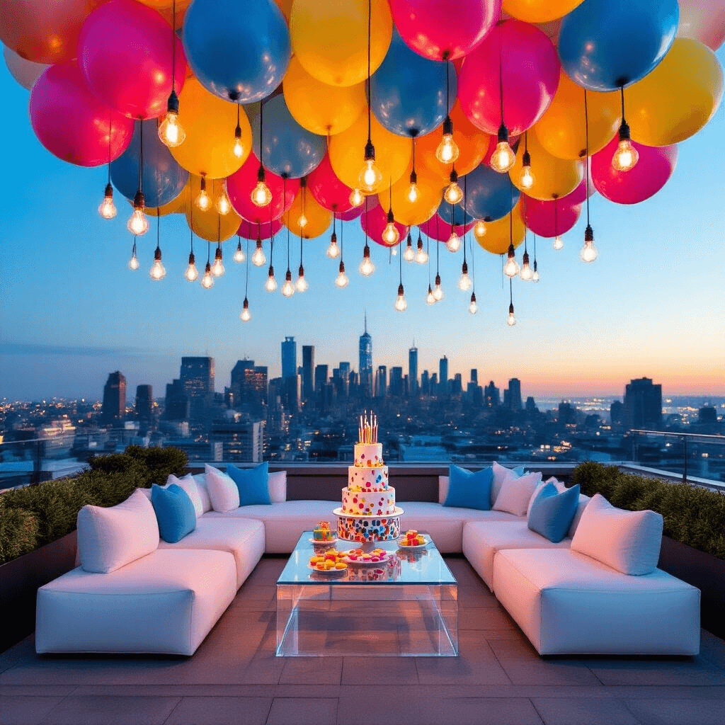 A stylish rooftop birthday celebration at blue hour features a colorful balloon installation overhead with oversized confetti-filled clear balloons and smaller balloons in electric blue, hot pink, and sunshine yellow. Edison bulbs crisscross beneath the balloons, illuminating modern white lounge furniture around a central acrylic table adorned with a geometric birthday cake and colorful macarons, set against a dusky skyline and twinkling city lights.