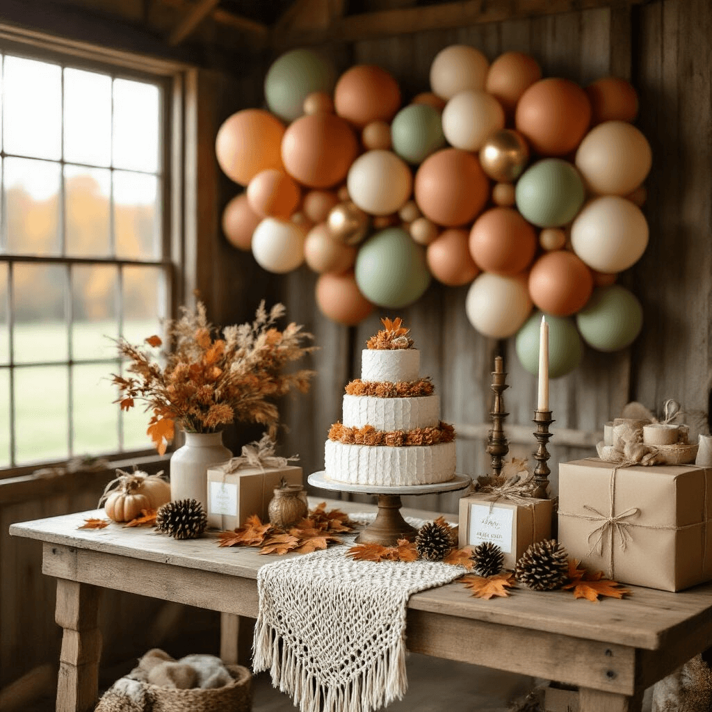 A cozy autumnal baby shower scene in a rustic barn, featuring an organic balloon garland wall in muted earth tones, a macramé runner draping a wooden farm table adorned with vintage brass candlesticks, pinecones, autumn leaves, and a tiered diaper cake, all bathed in warm natural light.
