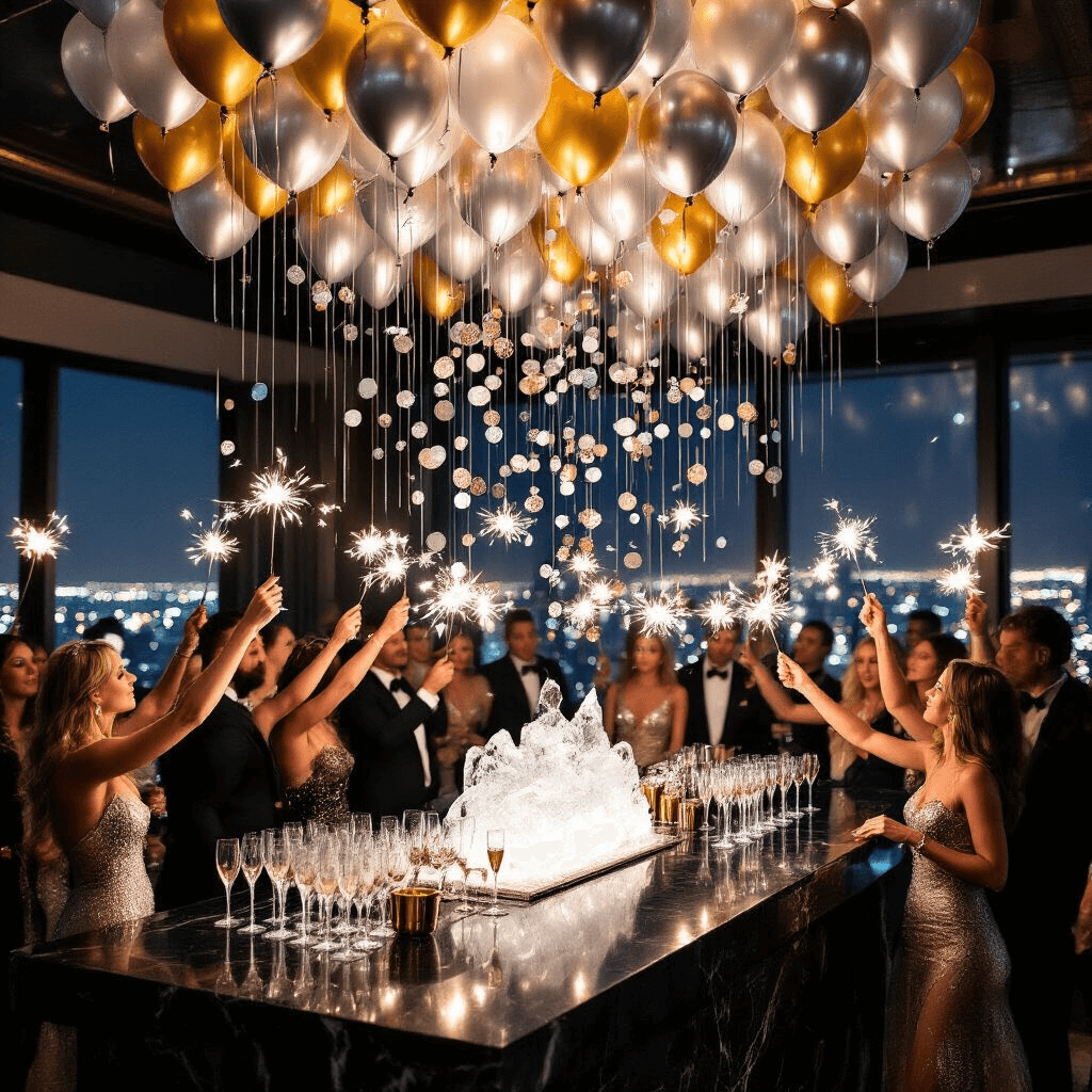An opulent New Year's Eve cocktail party in a penthouse, featuring a dramatic balloon drop installation over a black marble bar with silver and gold balloons, crystal chandeliers, rows of champagne flutes, and an ice sculpture centerpiece, as glamorous partygoers celebrate at midnight with sparklers and twinkling city lights visible through large windows.