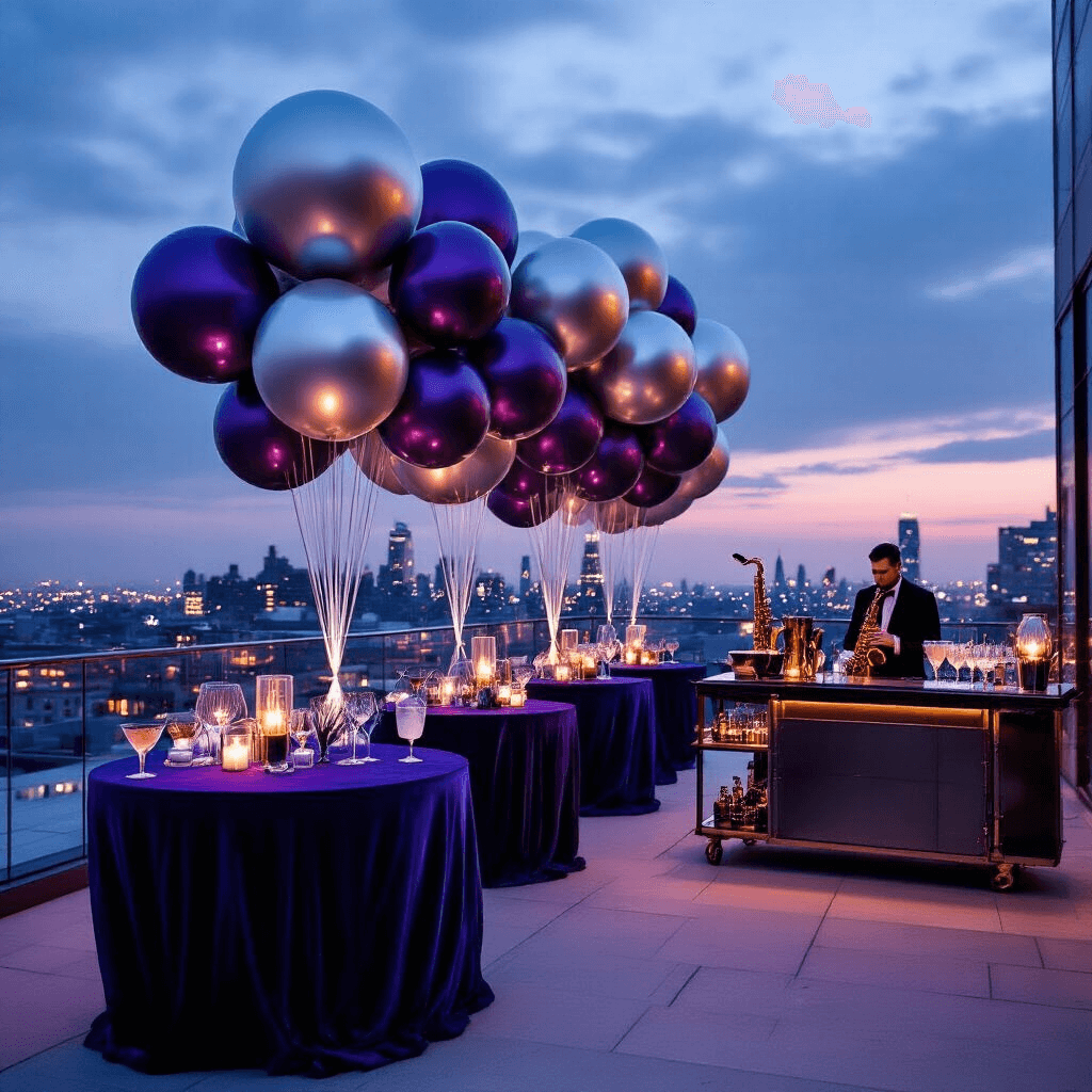 An elegant rooftop cocktail party at twilight featuring oversized metallic balloon orbs, midnight blue velvet tables, modern geometric centerpieces, a stylish bar cart with artisanal cocktails, a saxophonist playing jazz, and twinkling city lights in the background.