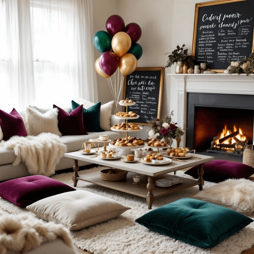 A cozy living room set up for an intimate winter birthday brunch, featuring a low coffee table with delicate china and gold flatware, a tiered stand of pastries and fresh fruit, plush floor cushions in jewel tones, a crackling fireplace, balloon bouquets in burgundy, emerald, and navy, and cozy faux fur throws and knit blankets. A hand-lettered chalkboard menu rests against a vintage console table.