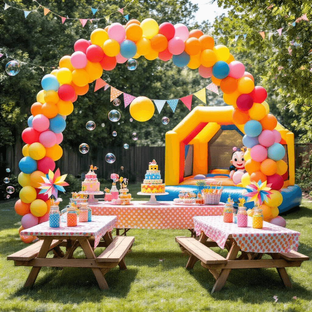 A vibrant backyard birthday party for children featuring a colorful balloon arch, a dessert table with a cartoon character cake, a bounce house, picnic tables with polka dot tablecloths and candy-filled mason jars, a DIY photo booth with a sequin backdrop, and a bubble machine.