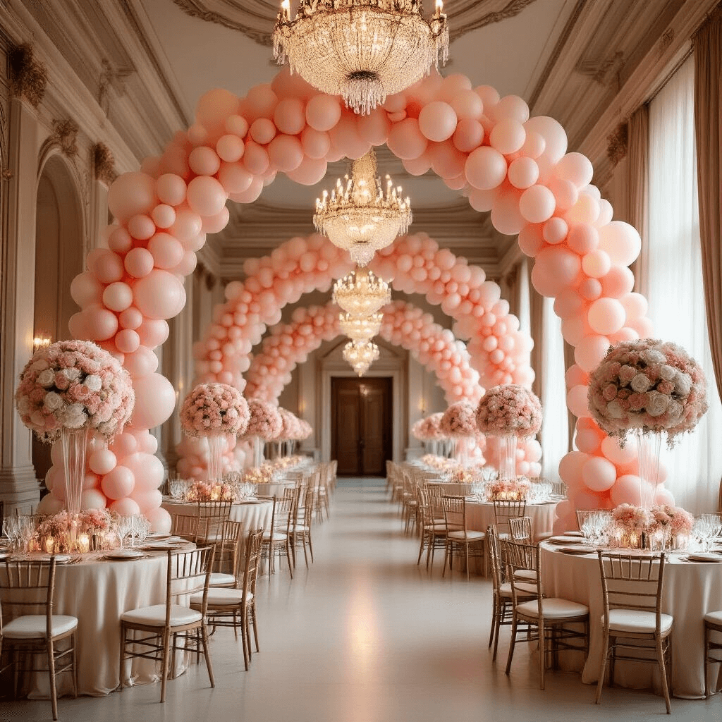 A breathtaking grand ballroom filled with an enchanting balloon arch of blush pink and cream balloons, illuminated by soft evening light and crystal chandeliers, with round tables draped in silk linens and elegant centerpieces featuring floating bubble balloons filled with rose petals.