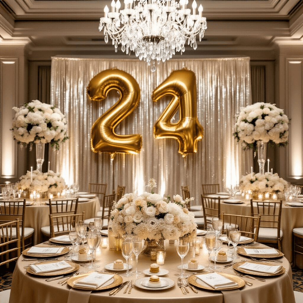 A grand ballroom set for a milestone birthday celebration, featuring champagne-colored silk tablecloths, floral centerpieces in white and gold, a backdrop of metallic fringe and oversized number balloons, vintage champagne coupes in a pyramid, and elegant place settings with gold-rimmed chargers and edible gold leaf petit fours.