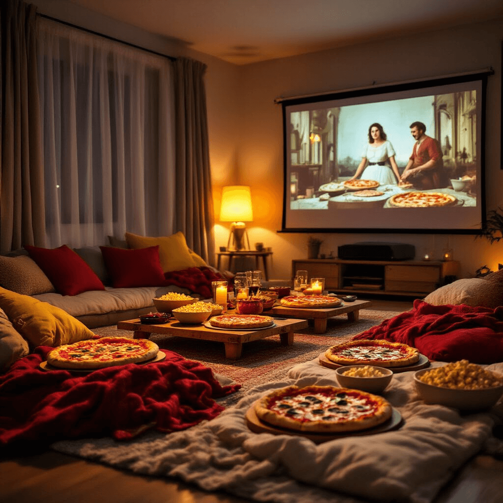 Pizza Party Paradise: The Ultimate Guide to Throwing an Unforgettable Birthday Bash A cozy living room setup for a pizza movie night featuring colorful throw pillows and blankets on the floor, a projector screen displaying a classic Italian film, low tables with gourmet pizzas and snacks, and warm lighting, creating an inviting and relaxed atmosphere.
