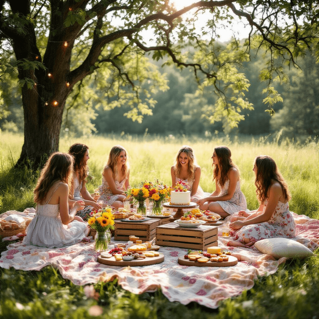 A sunlit meadow filled with colorful picnic blankets and low tables decorated with wildflowers, hosting a joyful birthday party with guests in casual attire and a rustic naked cake, framed by trees adorned with fairy lights.