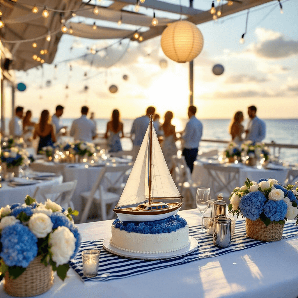 A luxurious sailboat-themed birthday celebration on a sun-drenched beachfront patio, featuring linen-draped tables with miniature sailboat centerpieces, navy and white striped runners, and a stunning tiered sailboat cake, all illuminated by fairy lights and warm golden hour sunlight.
