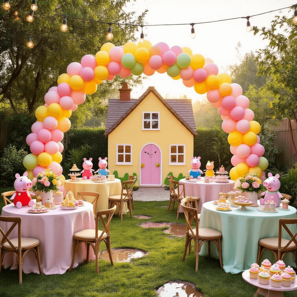 A whimsical Peppa Pig-themed birthday party in a sun-drenched backyard, featuring a grand balloon arch, pastel-draped tables with character figurines, a Peppa's house backdrop for photos, playful brown fabric 'muddy puddles', and a dessert cart full of themed cupcakes and cookies, all illuminated by fairy lights.