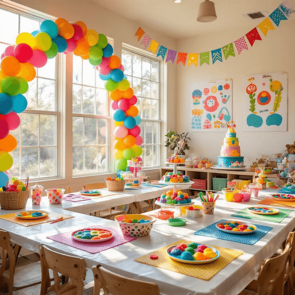 A vibrant indoor playroom decorated for a playdough birthday party, featuring balloon arches, colorful tables with playdough stations, inspirational wall prints, and a tiered playdough-themed birthday cake with cupcakes.