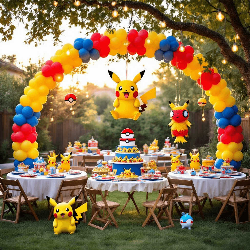 A whimsical Pokémon-themed birthday party in a sunlit backyard, featuring a vibrant balloon arch, Pokéball tablecloths on round tables, a DIY Pikachu piñata, hidden Pokémon figurines for a treasure hunt, and a dessert table with a tiered Pokémon cake, all illuminated by fairy lights.