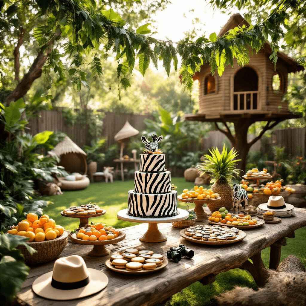 A vibrant backyard transformed into a safari-themed wonderland featuring a zebra-striped cake on a grand dessert table, surrounded by animal-shaped cookies and tropical fruits, with vine garlands overhead and a treehouse-style play area nearby, all illuminated by golden hour light filtering through leaf-shaped cutouts.
