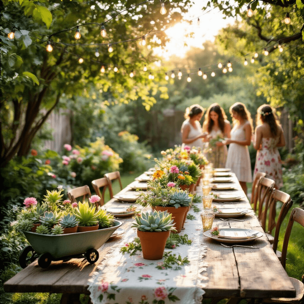 A whimsical garden-inspired birthday party in a sunlit backyard, featuring a long rustic wooden table with floral runners, terracotta pot centerpieces with succulents, and personalized seed packet favors, surrounded by guests in floral sundresses, fairy lights overhead, and a vintage wheelbarrow filled with colorful potted plants.