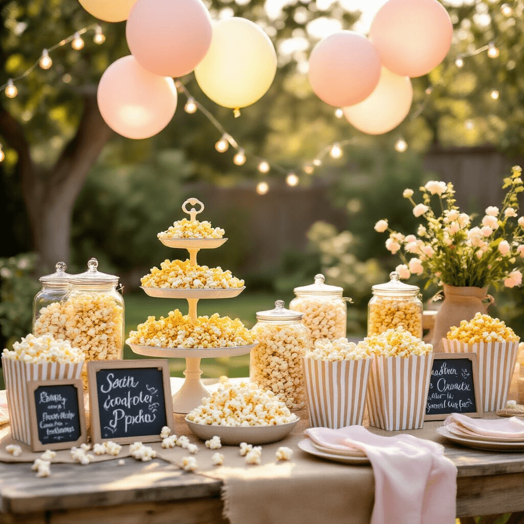 A whimsical popcorn bar centerpiece in a sun-drenched backyard features a rustic wooden table with tiered cake stands and glass jars filled with flavored popcorn, surrounded by striped paper bags. Soft pastel balloons float above, fairy lights twinkle among popcorn garlands, and the scene is illuminated by golden hour light, enhancing the textures of burlap runners and hand-lettered chalkboard signs, with blush pink and cream linens providing softness and pops of yellow reflecting the popcorn theme.