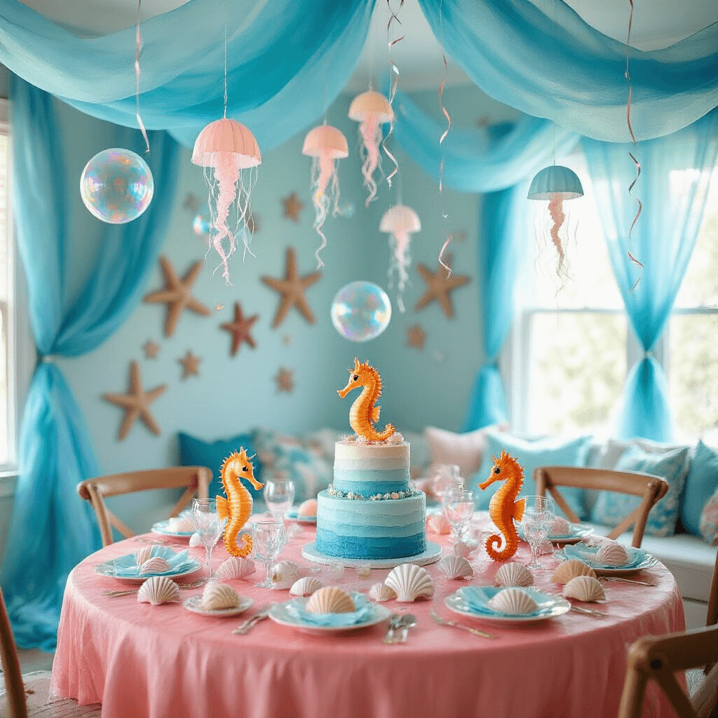 Whimsical seahorse-themed birthday party in a sunlit living room, featuring blue and aqua fabric draping for a water effect, bubble balloons, iridescent streamers, a coral-pink tablecloth with seashell centerpieces, DIY jellyfish lanterns, and a stunning ombré blue birthday cake adorned with fondant seahorses and edible pearls.