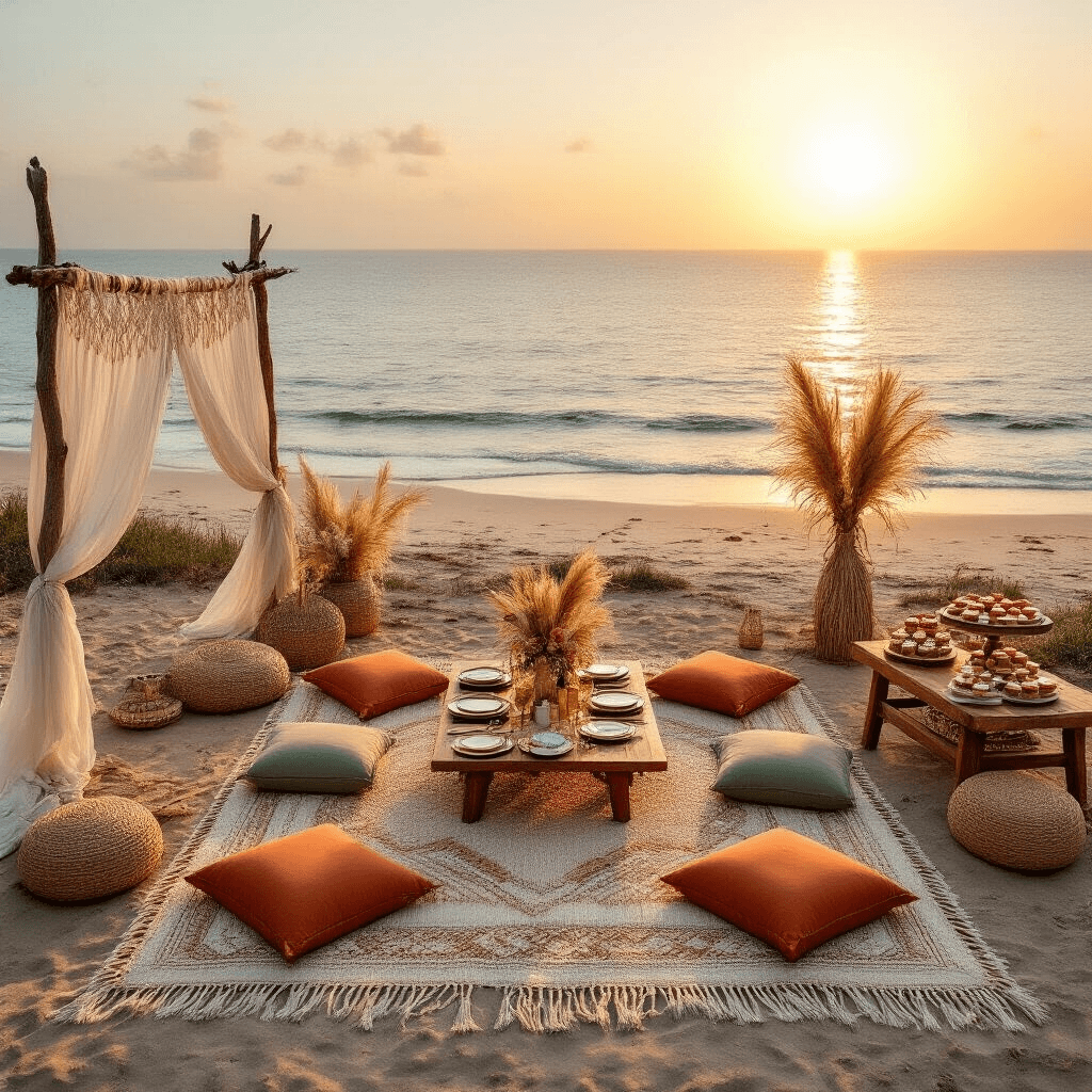 Overhead view of a boho chic picnic on a sandy beach featuring a macramé blanket, plush floor cushions in terracotta and sage, low wooden tables with gold cutlery and hand-painted plates, pampas grass centerpieces, a dessert cart with cupcakes and macarons, and driftwood poles with sheer drapery, all set against a golden hour ocean backdrop.