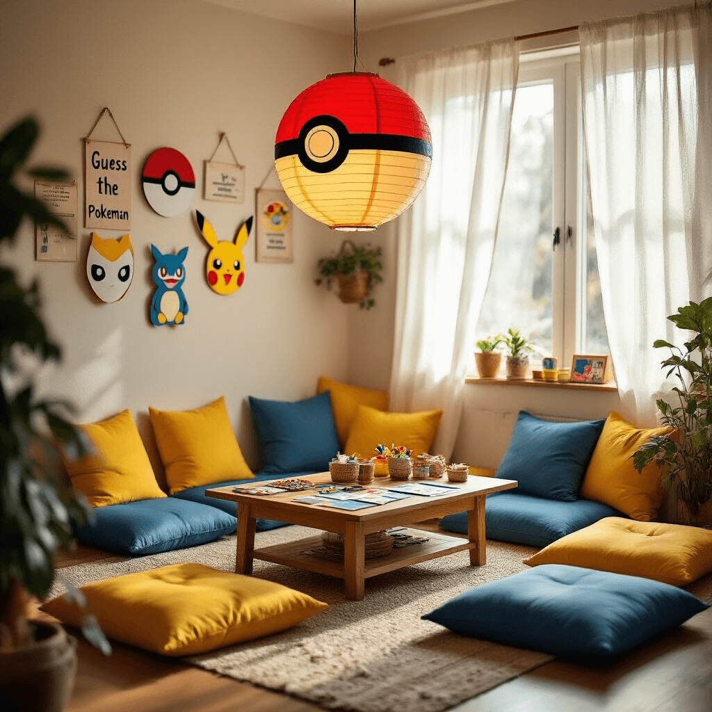 A cozy living room transformed into a Pokémon gathering space, featuring floor cushions in yellow and blue, a DIY Pokéball lantern, Pokémon character masks on the walls, and a game board for 'Guess the Pokémon', all bathed in soft morning light.