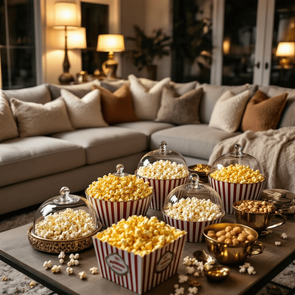 Cozy living room with a plush sectional sofa and textured pillows, featuring an elaborate popcorn bar with glass cloches and vintage boxes, illuminated by warm lighting for a cinematic movie night atmosphere.