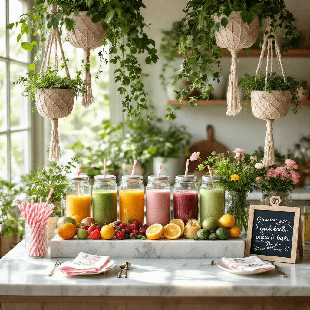 A marble kitchen island set up as a vibrant smoothie bar, featuring clear glass dispensers filled with fresh fruits, herbs, and edible flowers, surrounded by hanging macramé plant holders and accented with blush pink and sage green decorations, all bathed in soft morning light.