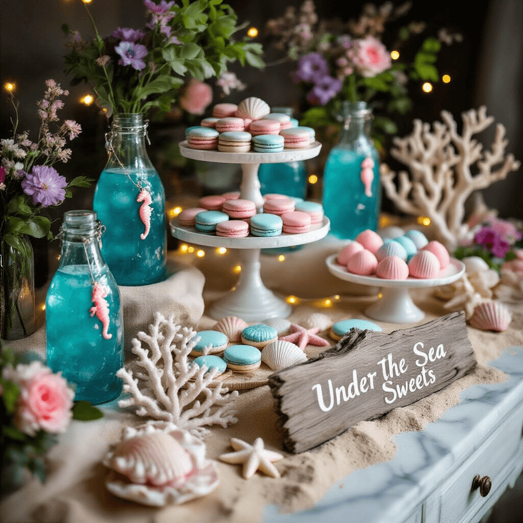 An enchanting mermaid-inspired dessert table featuring seashell-shaped macarons, starfish cookies, and coral-hued cake pops, adorned with blue punch in vintage bottles, fresh pink and purple flowers, handmade coral sculptures, and a personalized driftwood sign, all illuminated by soft fairy lights on a marble countertop.