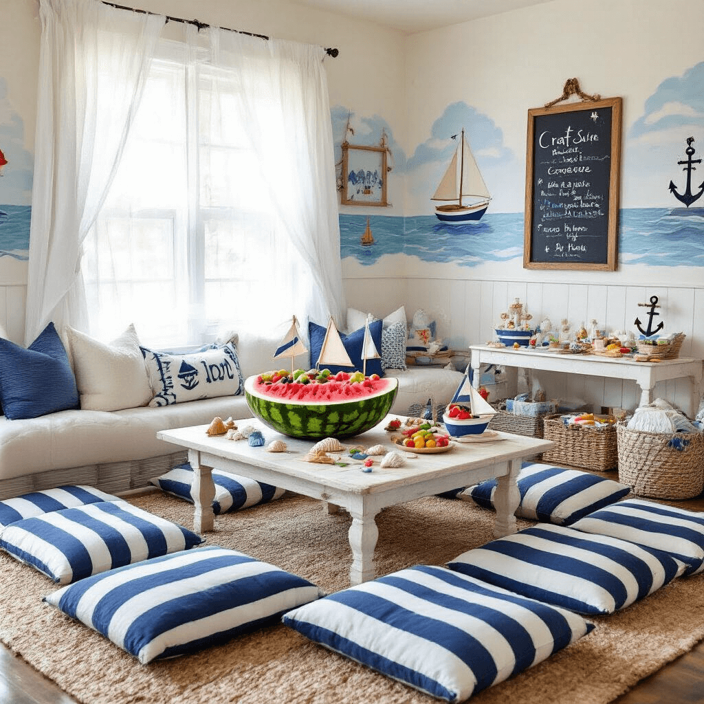 A cozy nautical-themed living room transformed for a children's sailboat birthday party, featuring soft morning light, a low table with a watermelon boat full of fruit, plush navy and white striped floor cushions, paper sailboats, seashells, hand-painted ocean murals, chalkboard anchor signs, and a craft station with miniature wooden boats and colorful art supplies.