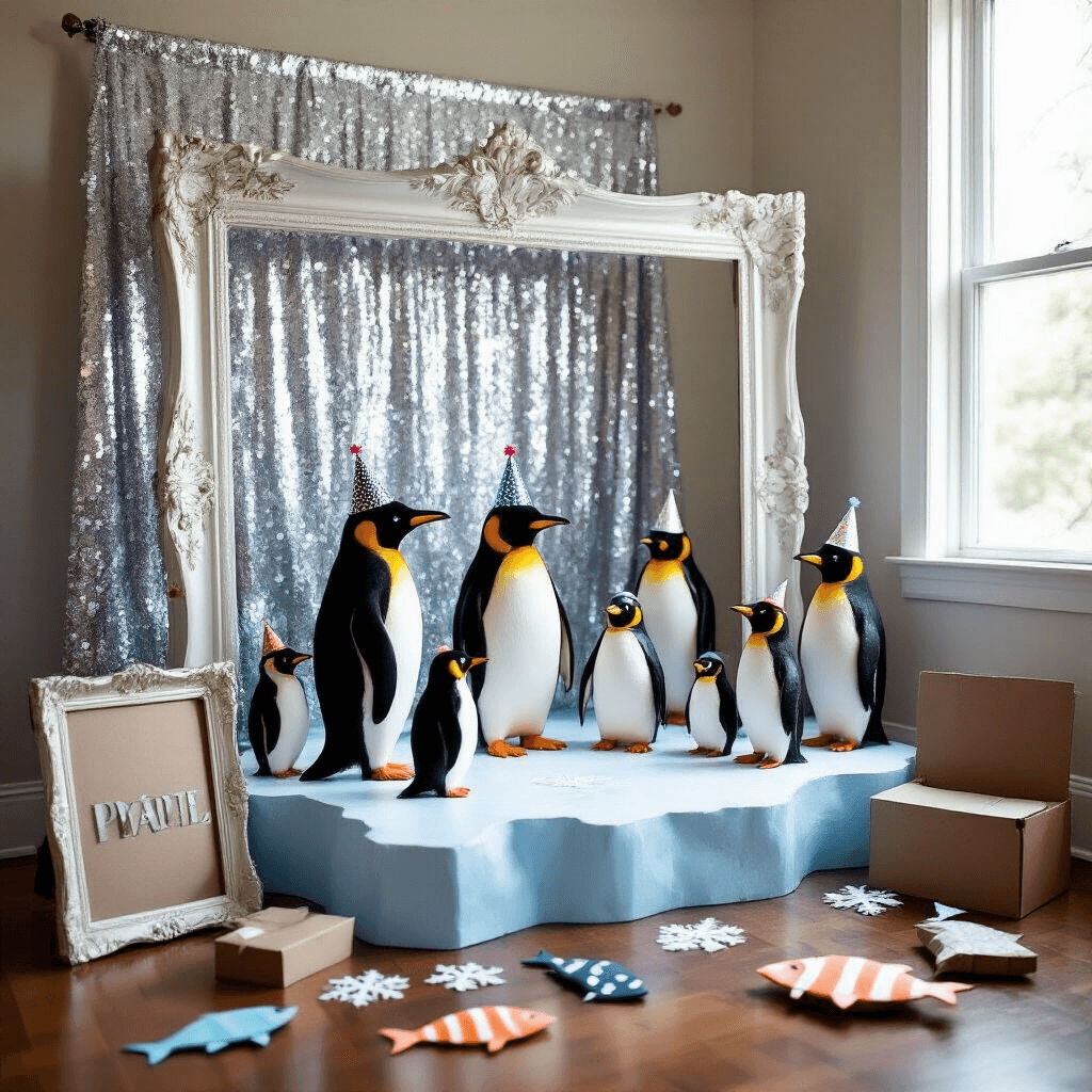 Penguin Birthday Party: A Whimsical Wonderland of Icy Fun! A whimsical penguin-themed photo booth with a shimmering silver sequin backdrop and an ice floe cardboard platform, featuring prop penguins in party hats, vintage frame, oversized snowflake sunglasses, and soft natural lighting.