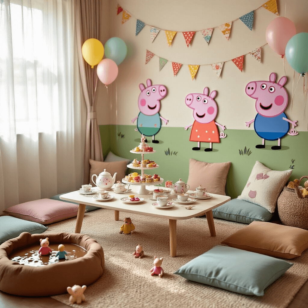 A cozy living room transformed into a Peppa Pig celebration, featuring a colorful tea party table with a Peppa-themed tea set, tiered cake stand, and miniature place settings, surrounded by plush floor cushions and illuminated by soft morning light.