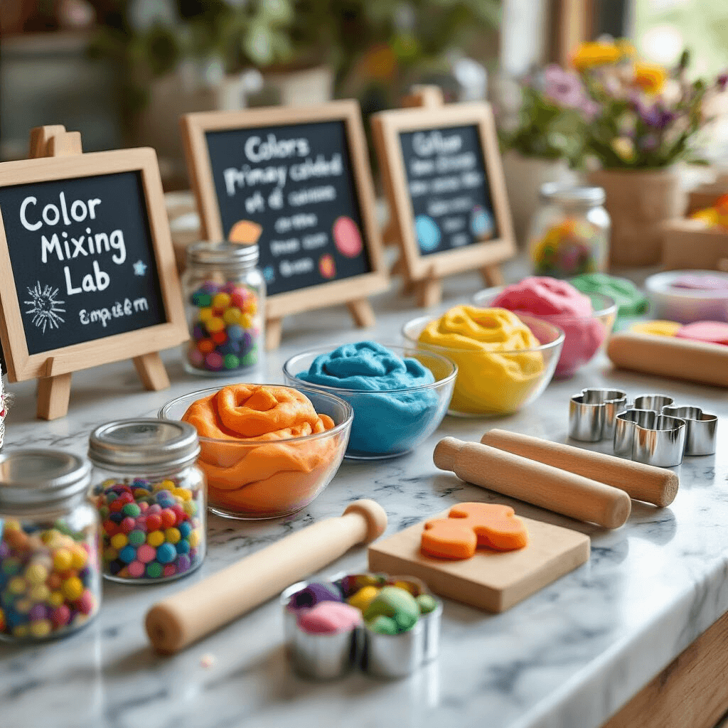 Close-up view of a colorful playdough station featuring glass bowls of vibrant primary playdough, wooden rolling pins, textured stamps, metallic cookie cutters, and chalkboard signs explaining color mixing, all illuminated by soft lighting.