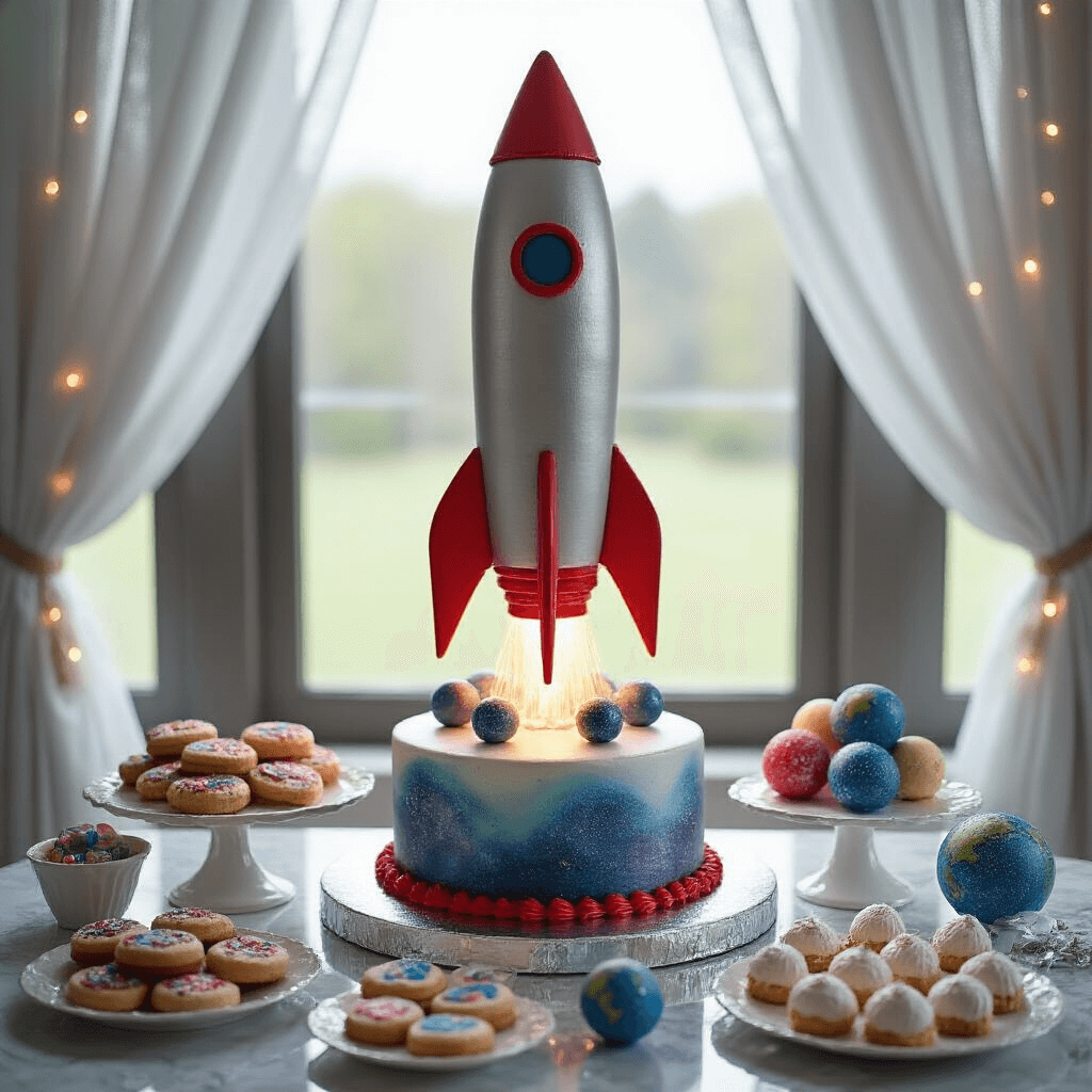An overhead view of a tall, rocket-shaped birthday cake in metallic silver and bold red, displayed on a mirrored stand with galaxy-swirl cookies, asteroid rock candy, and planet-shaped cake pops nearby. Sheer silver drapery and twinkling LED lights create an inviting ambiance in natural light.