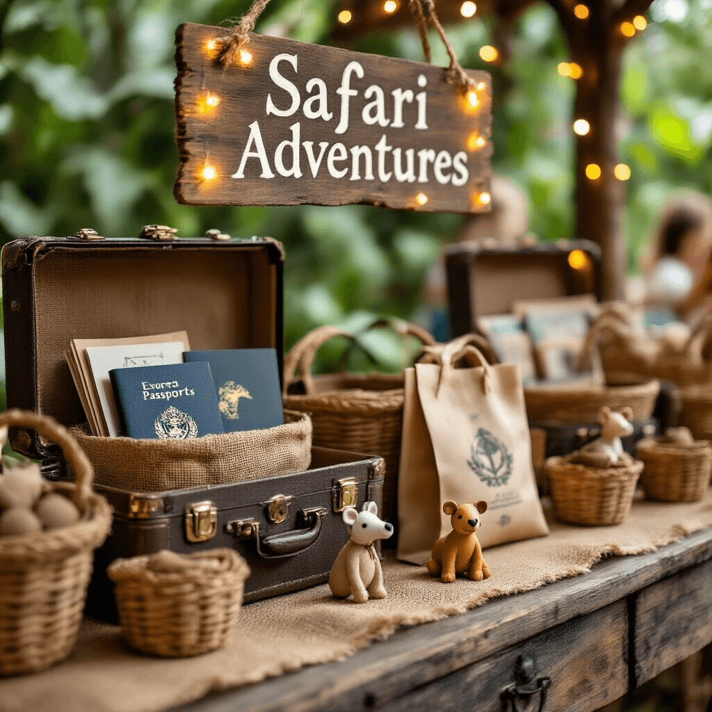 Close-up view of a safari-themed gift and favor table featuring burlap textures, woven baskets, and vintage suitcases with explorer passports. DIY animal figurines highlight personalized favor bags, with a hand-painted 'Safari Adventures' sign illuminated by fairy lights. Lush greenery and partygoers blur in the background.