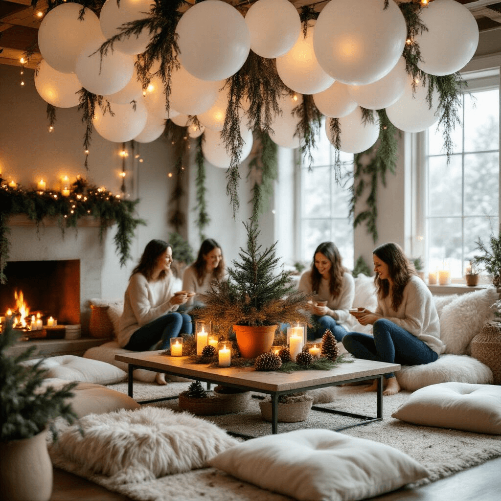 A cozy living room for a winter plant party with oversized white balloons and greenery overhead, a low table adorned with evergreens and candles, surrounded by plush floor cushions, warm fairy lights, and a fireplace, where guests enjoy a terracotta pot painting activity.
