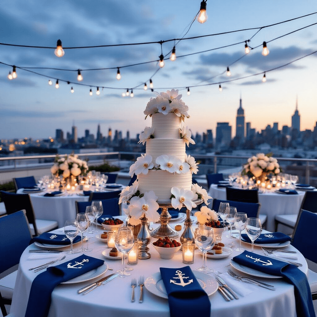 An elegant rooftop terrace soirée featuring round tables with white linens and floral centerpieces of white orchids and blue delphiniums in silver anchor-shaped vases, navy napkins folded like sails, personalized compass favors, warm Edison bulb lighting, and a dessert table with a naked cake and nautical-themed treats, against a twinkling city skyline at dusk.