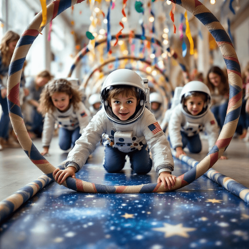 Children excitedly navigate an astronaut training obstacle course, featuring hula hoop 'wormholes' and a 'meteor shower' of hanging streamers, with cheering parents in the background and a starry galaxy design on the floor.