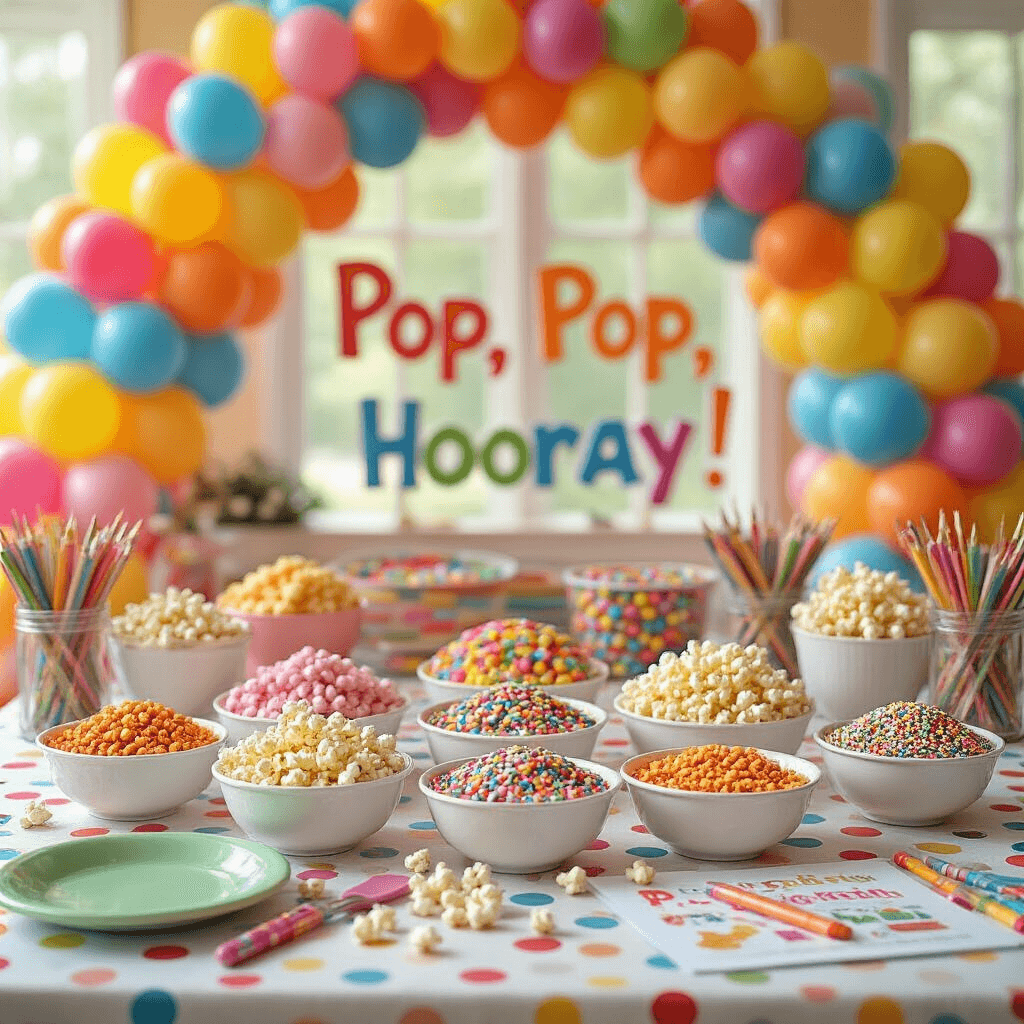 A colorful kids' popcorn decorating station featuring a low table with white ceramic bowls of sprinkles, candies, and popcorn kernels, surrounded by vibrant melamine plates, utensils, and whimsical popcorn-shaped crayons, all under a balloon arch backdrop. Natural light enhances the festive atmosphere with a glossy 'Pop, Pop, Hooray!' sign.