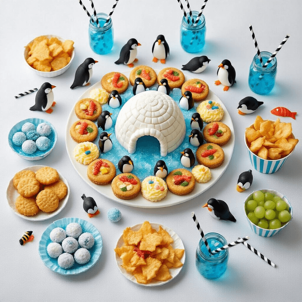 Penguin Birthday Party: A Whimsical Wonderland of Icy Fun! A bird's-eye view of a penguin-themed party snack table, featuring a centerpiece igloo cake, 'fish and chip' cups, snowball cake pops, and 'iceberg' fruit platters on a white tablecloth, with blue jelly cups, mason jars with black and white striped straws, and playful penguin figurines throughout the display.
