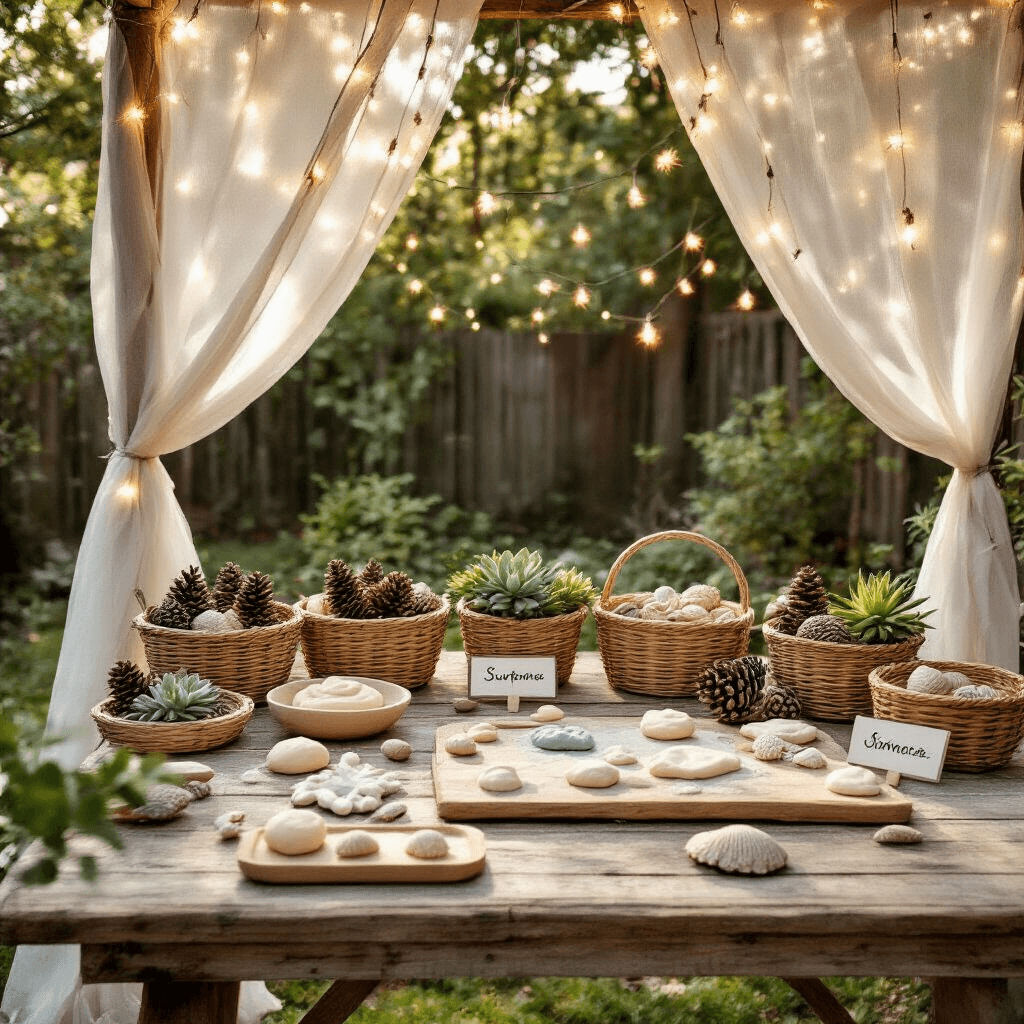 A whimsical backyard playdough party setup featuring a rustic farm table adorned with neutral-toned playdough, nature-inspired sculpting tools, woven baskets of pinecones and shells, and personalized name cards on wooden boards, all under a canopy of twinkling fairy lights and sheer curtains, illuminated by warm golden hour light.