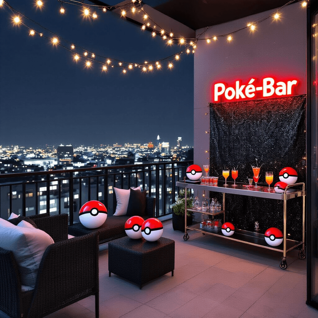A modern apartment balcony decorated for a Pokémon-themed soirée, featuring fairy lights, neon signage, a Poké-bar with themed drinks, minimalist black and white furniture with red Pokéball accents, and a Pokémon Trainer photo booth with a sequined backdrop, all set against a backdrop of city lights.