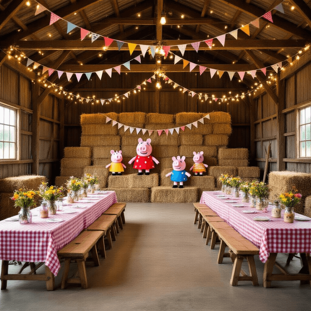 A rustic barn transformed for a Peppa Pig-themed celebration, featuring fairy lights, gingham tablecloths, mason jar wildflower centerpieces, hay bales, Peppa Pig decorations, colorful bunting, and a DIY photo booth, all captured from a wide angle near the entrance.