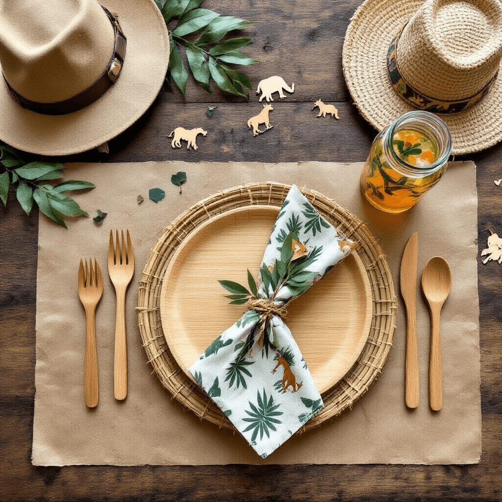 Overhead view of a safari-themed party place setting featuring a kraft paper placemat, bamboo plate, woven grass charger, wooden utensils in a leaf-print napkin, a mini explorer hat as a place card holder, a glass jar of colorful 'jungle juice', and scattered animal print confetti with acacia leaf sprigs, all in soft natural light.