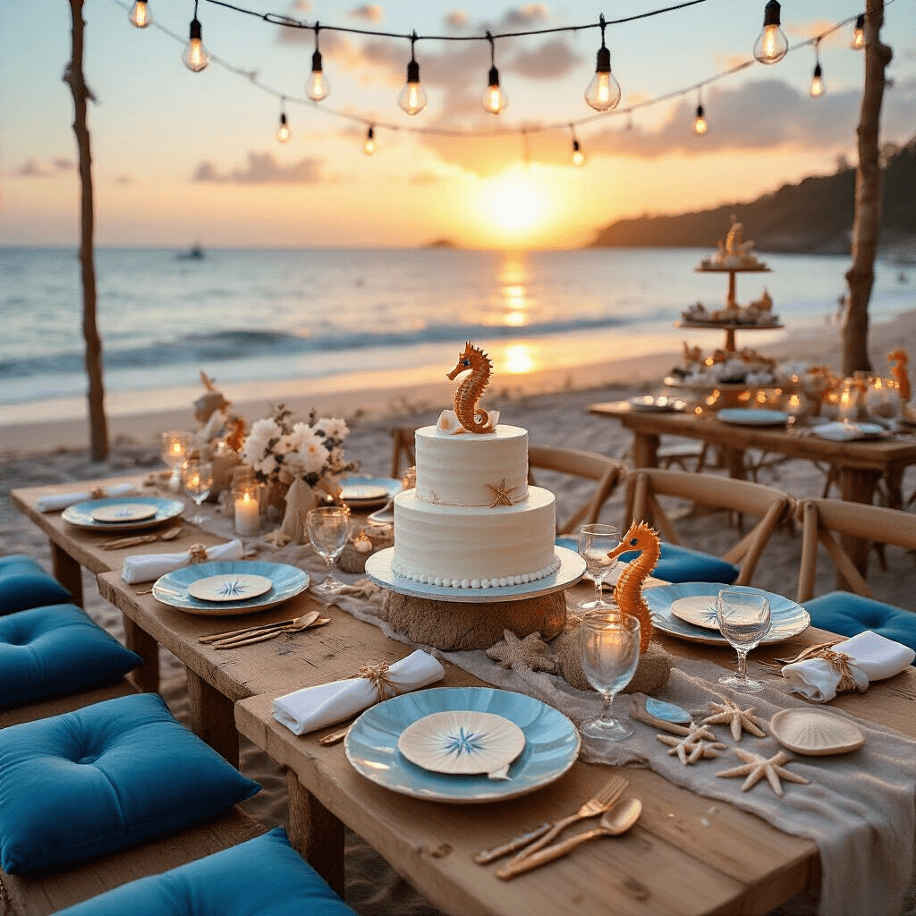 A cinematic wide shot of a beachfront seahorse party at golden hour, featuring low tables with blue velvet cushions, elegantly arranged place settings with sand dollar plates and mother-of-pearl cutlery, centerpieces of driftwood and white orchids, a dessert cart with a naked cake adorned with buttercream waves and sugar seahorses, all under warm sunlight and crisscrossed string lights.