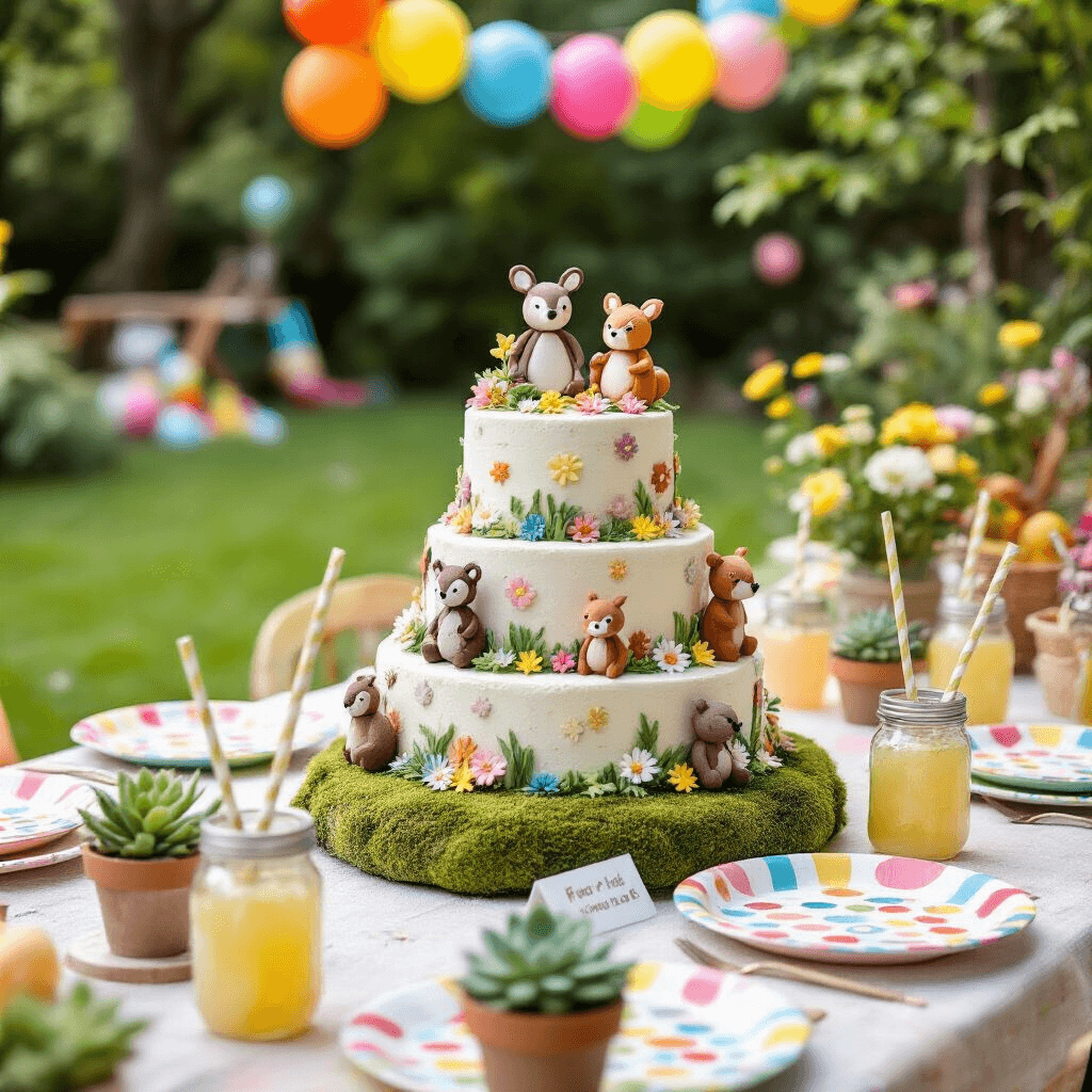 Close-up of a whimsical children's picnic birthday setup featuring a tiered birthday cake adorned with fondant woodland creatures and edible flowers on a moss-covered stand, surrounded by vibrant colored decor including balloon garlands, patterned plates, striped paper straws, handmade felt name cards, and miniature succulents; soft focus background shows lawn games and a bubble station.