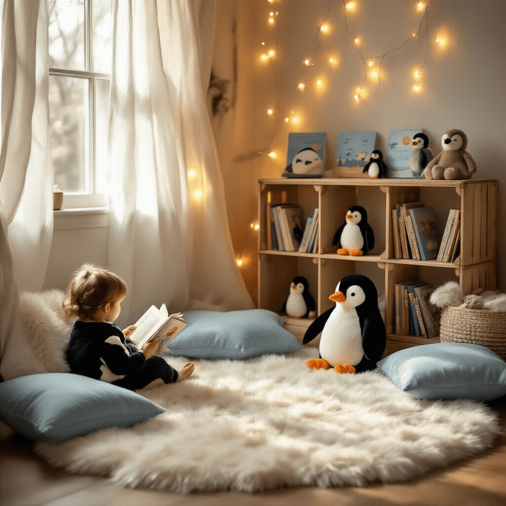 Penguin Birthday Party: A Whimsical Wonderland of Icy Fun! A cozy reading nook bathed in golden hour light features a child in a penguin 'snuggie' engrossed in a book, surrounded by plush white fur, ice-blue pillows, penguin-themed storybooks, stuffed toys, and twinkling fairy lights.