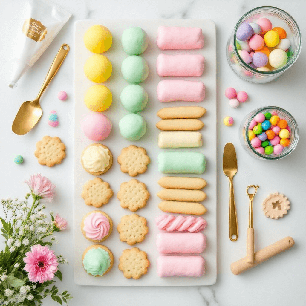 Overhead flat lay of an edible playdough decorating station featuring pastel-colored playdough balls, fondant-covered cookies, and candy decorations in glass jars, complemented by gold-handled spatulas and piping bags, with fresh flowers adding a vibrant touch against a white marble background.