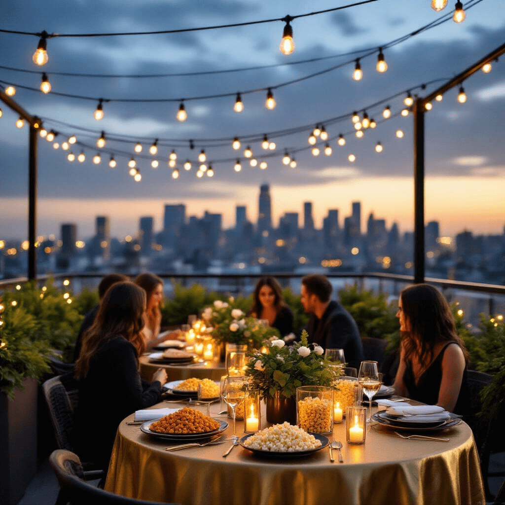 Elegant rooftop popcorn tasting at twilight, featuring twinkling city skyline, string lights overhead, high-top tables with gold linens, gourmet popcorn flights in acrylic containers, lush greenery, and romantic candlelight.