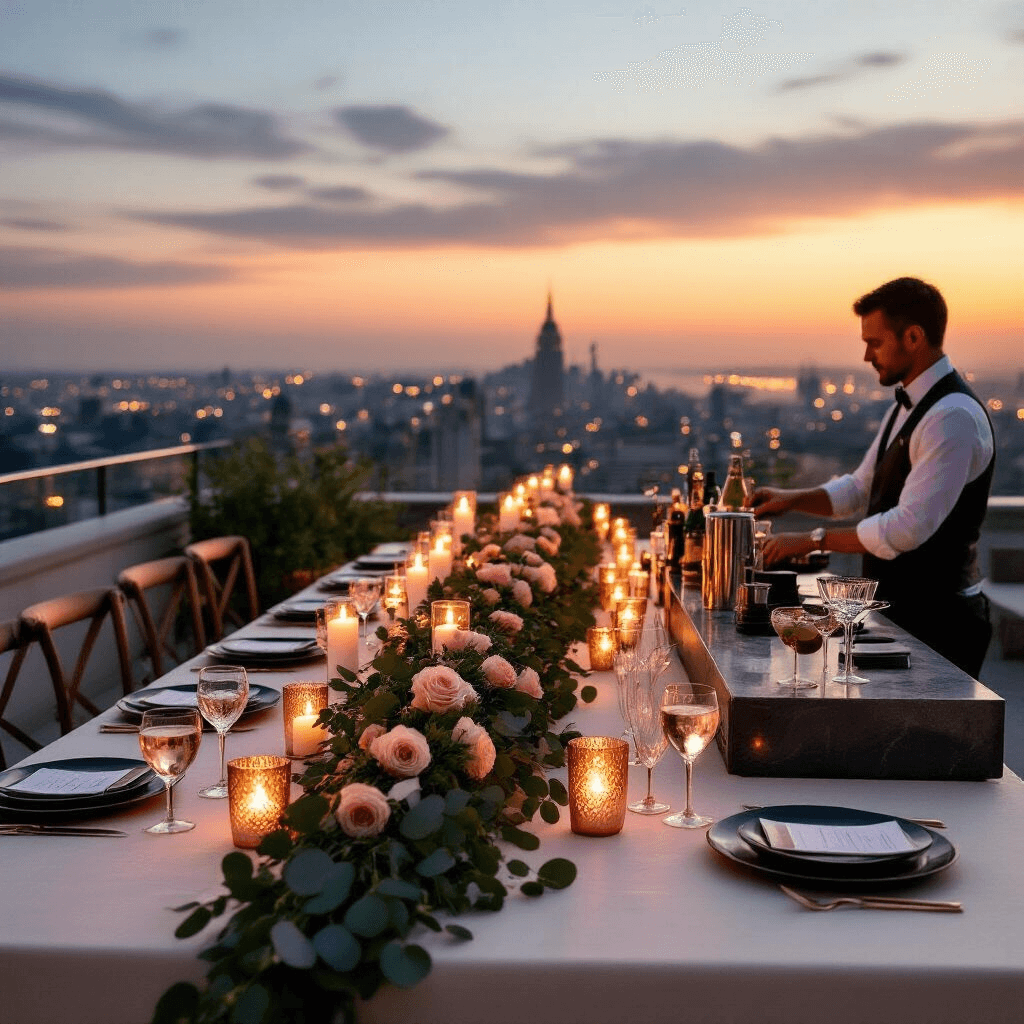 A rooftop picnic soirée at twilight featuring an elegant table with ivory linen, candlelight, rose gold chargers, and matte black plates, surrounded by eucalyptus and blush roses, with a stunning sunset and city lights in the background, while a bartender prepares cocktails at a marble mobile bar.
