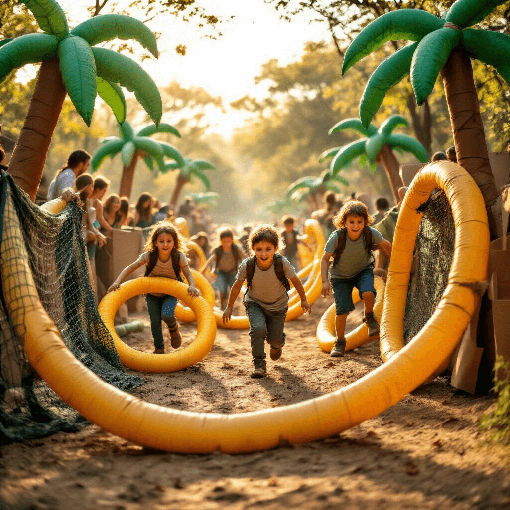 Children navigating a safari-themed obstacle course under golden afternoon light, featuring hula hoop 'snake pits,' camouflage netting, and 'fallen log' beams, with inflatable palm trees and cardboard animals in the background and cheering parents on the sidelines.