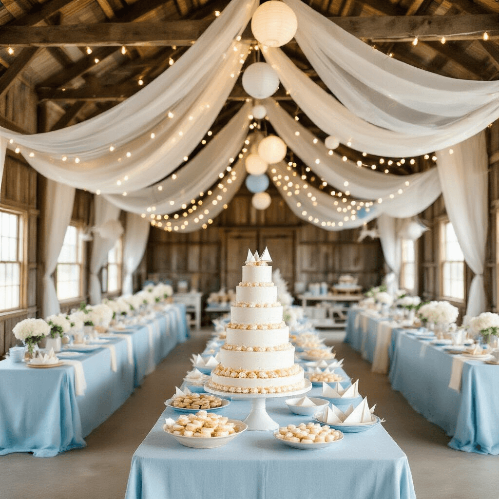A whimsical first birthday celebration in a rustic barn transformed into a sailboat wonderland, featuring pastel blue and white decor with yellow accents, ombre blue table linens, white hydrangea centerpieces, a canopy of sheer fabric resembling sails, a dessert cart with a life preserver cake, nautical-themed treats, and a photo booth with a hand-painted wave backdrop and a wooden rowboat filled with plush sea creatures.