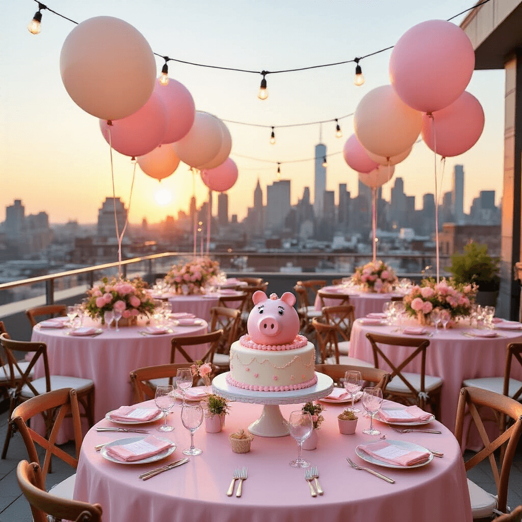 An elegant rooftop terrace set for a Peppa Pig soirée at sunset, featuring blush pink linens, floral arrangements with pig-eared accents, a central dessert station with a fondant-covered Peppa cake, oversized pastels balloons, and warm string lights against a cityscape backdrop.