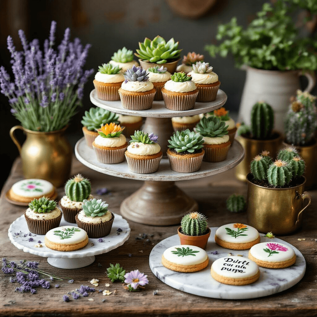 A rustic wooden table displays an overhead view of a plant-lover's dessert spread, featuring a tiered cake stand with succulent-themed cupcakes, botanical designed cookies, marble cake stands with 'dirt cup' puddings, vintage brass planters with mini cacti, and fresh lavender sprigs and edible flowers scattered throughout, complemented by playful hand-calligraphed plant pun signs.