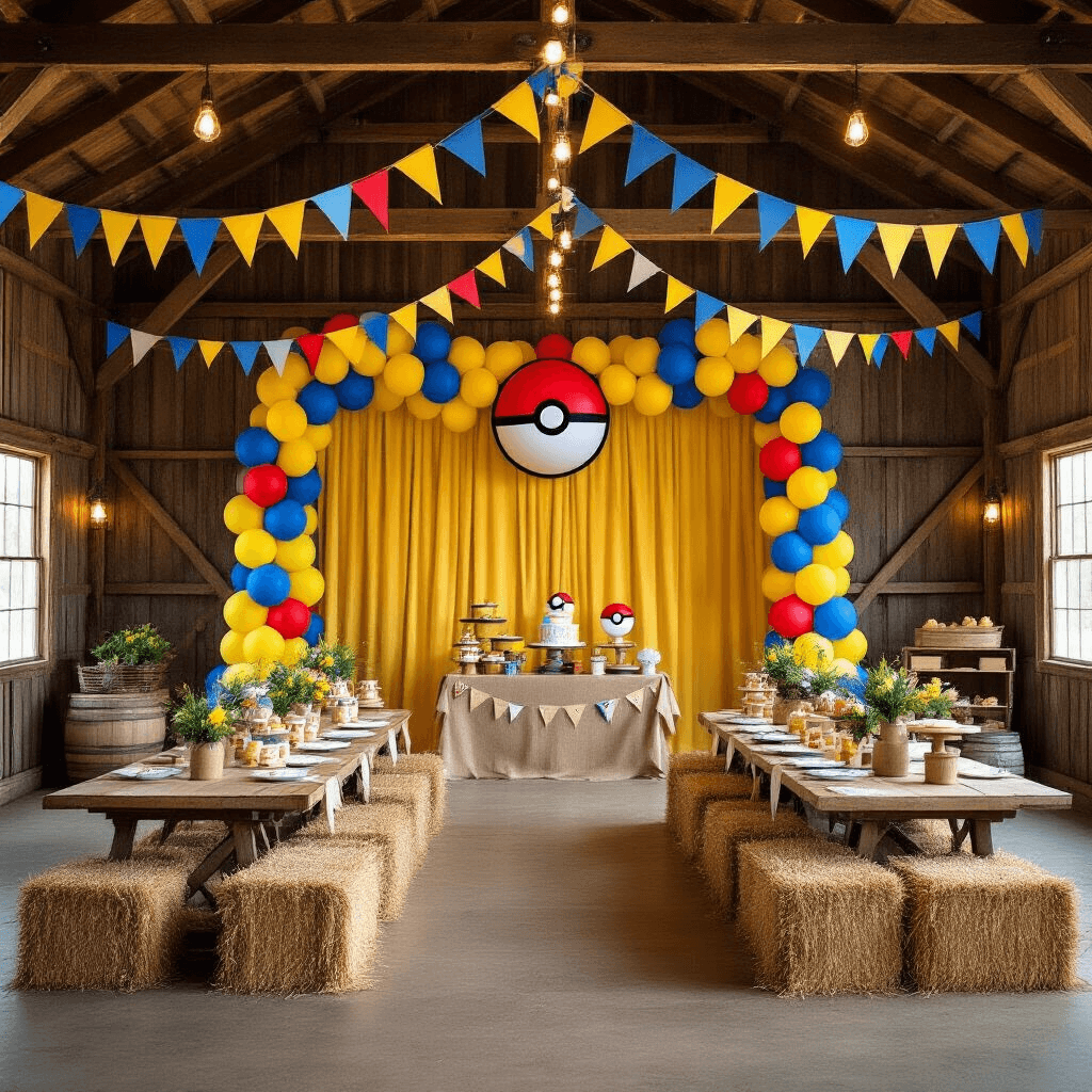 A transformed rustic barn interior for a grand Pokémon celebration featuring yellow and blue bunting, a balloon garland at the entrance, long farmhouse tables with burlap runners and woodland-inspired centerpieces, a Pokéball throwing challenge with hay bales, and a dessert cart with Pokémon-themed treats, all illuminated by soft string lights and lanterns.
